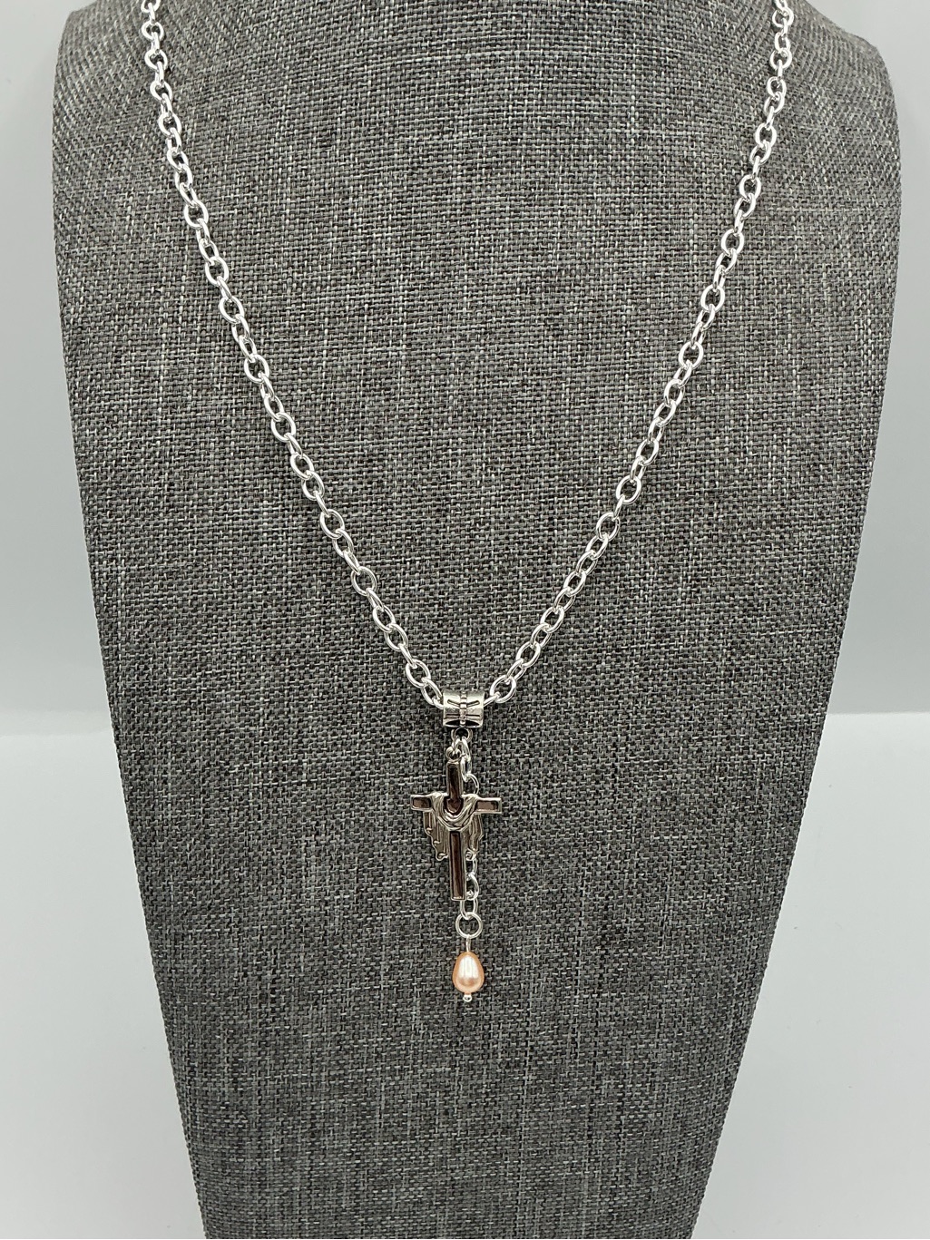 Silver Tone Vintage Cross Charm Necklace With Pearl Drop - Women Jewelry — image 2 of 5